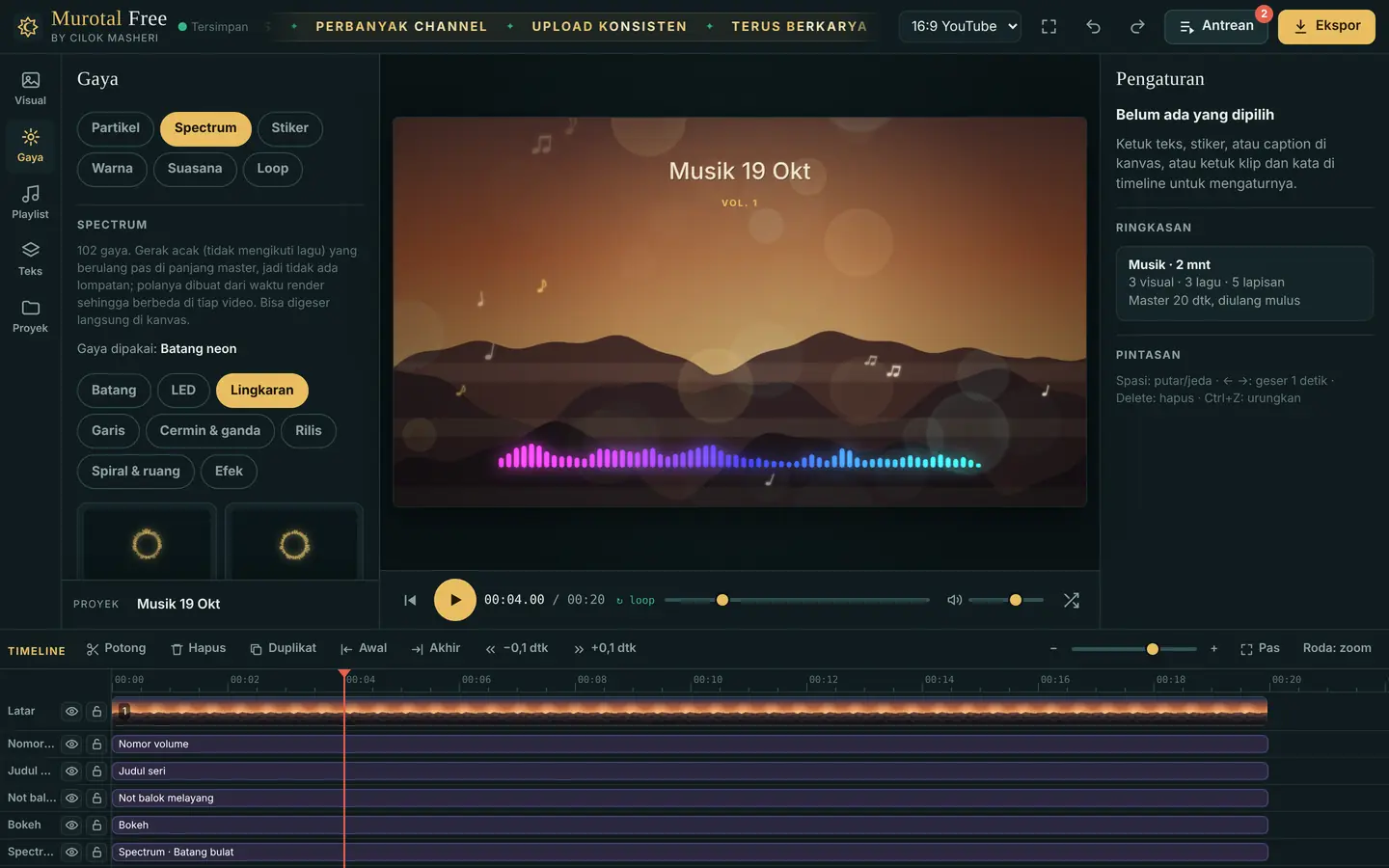 Editor mode Musik dengan spectrum neon dan galeri gaya